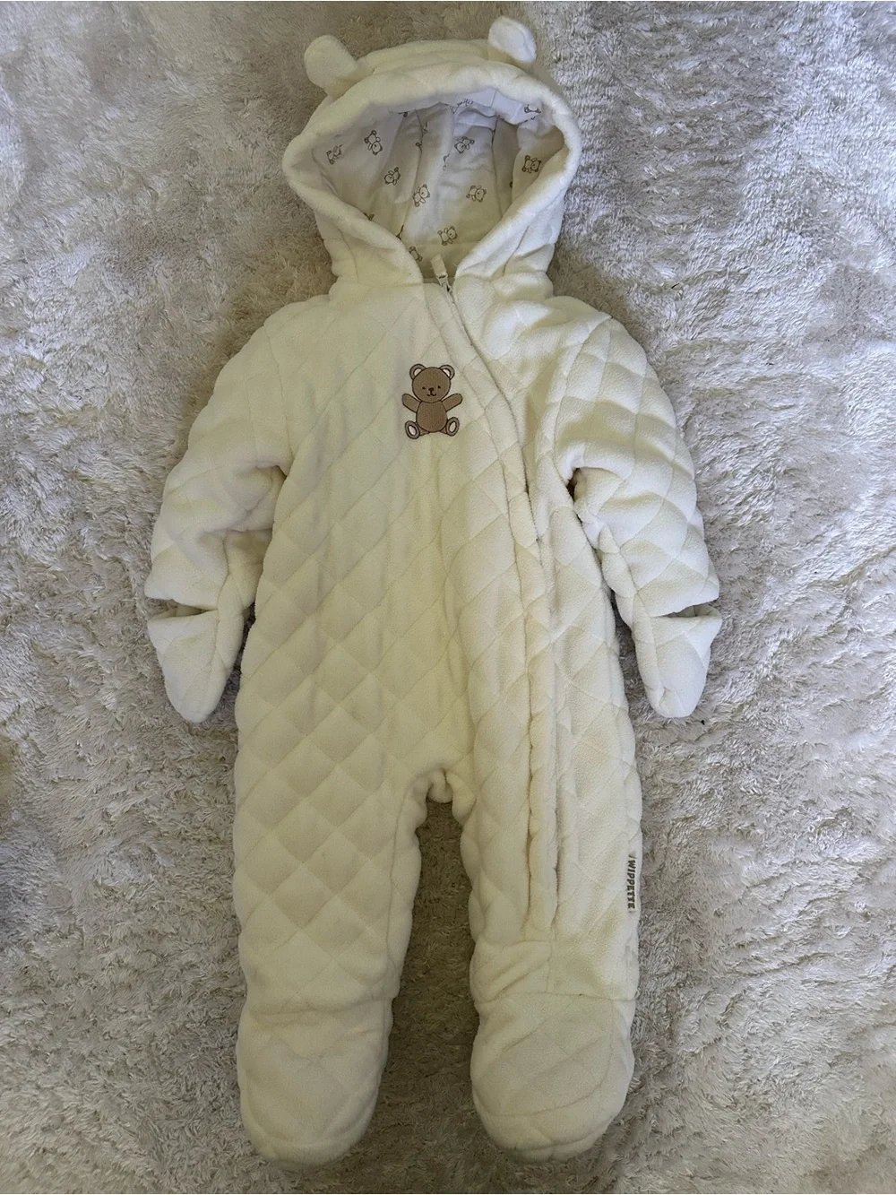 Wippette Cream Quilted Baby One-Piece with Bear Hood